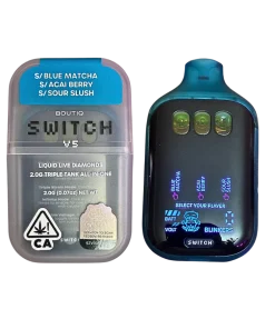 BOUTIQ SWITCH V5 (3 in 1) ”BLUE MATCHA” x “ACAI BERRY” x “SOUR SLUSH” Discover the Boutiq Switch V5 – a revolutionary advancement in the world of disposable vape pens! Featuring a pioneering three-chamber structure, this elegant device offers three unique, freshly crafted flavors in one handy package, enabling effortless transitions between them with each inhale. Designed for unparalleled enjoyment and ease, it's the latest essential from Boutiq, ideal for vape aficionados seeking diversity and top-notch quality while on the move. Enhance your vaping journey now! 2G DISPOSABLE 93.07% THC 3 FLAVORS IN ONE (SATIVA) HOW TO USE: Single Strain Mode: Click button 1 time to select Dual Strain Mode: Click button 2 times to select Triple Strain Mode: Click button 3 times to select Infinity Mode: Click button 5 times to enable for one hit. (use with caution!)⚠️